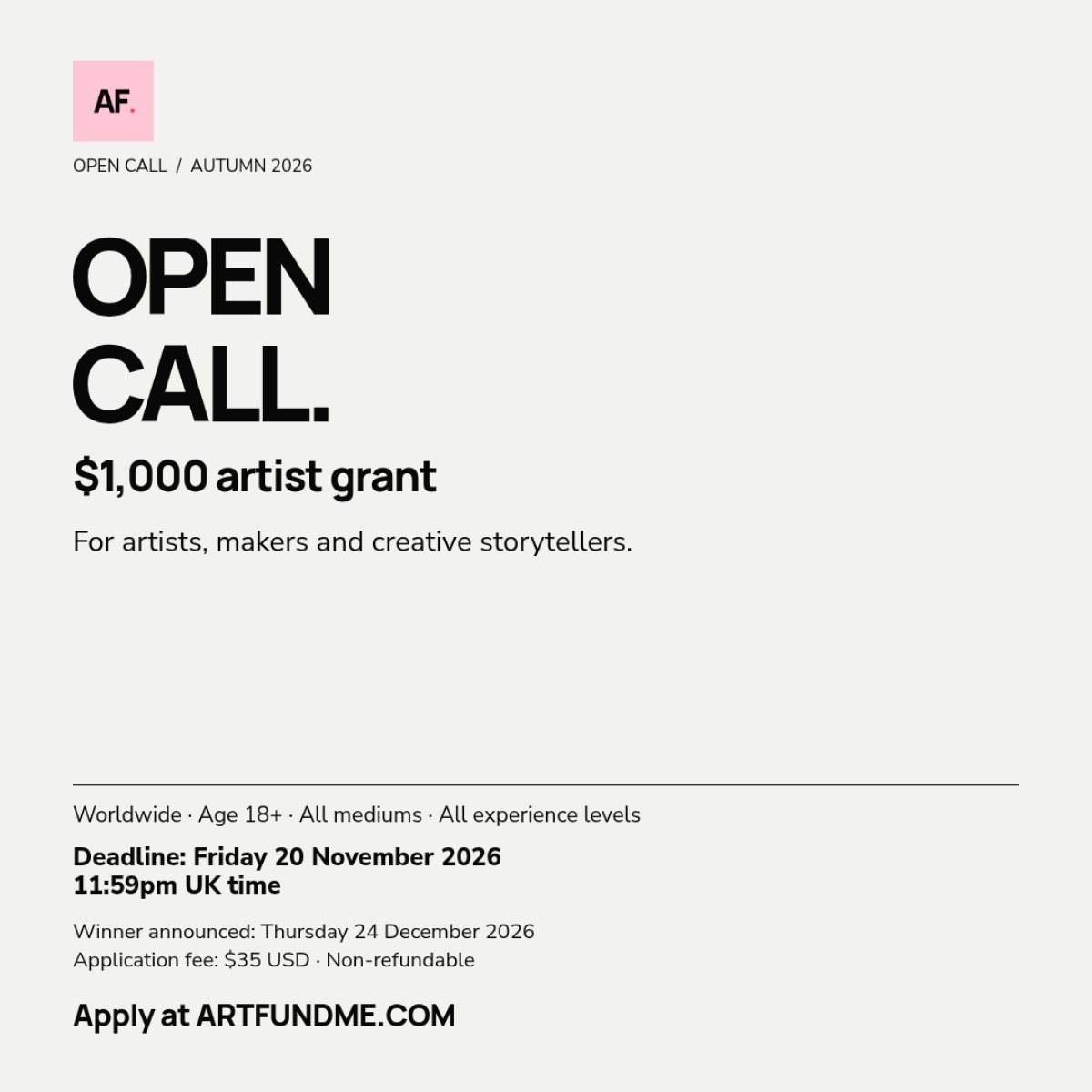 ArtFundMe Autumn 2026: $1,000 Grant for Artists